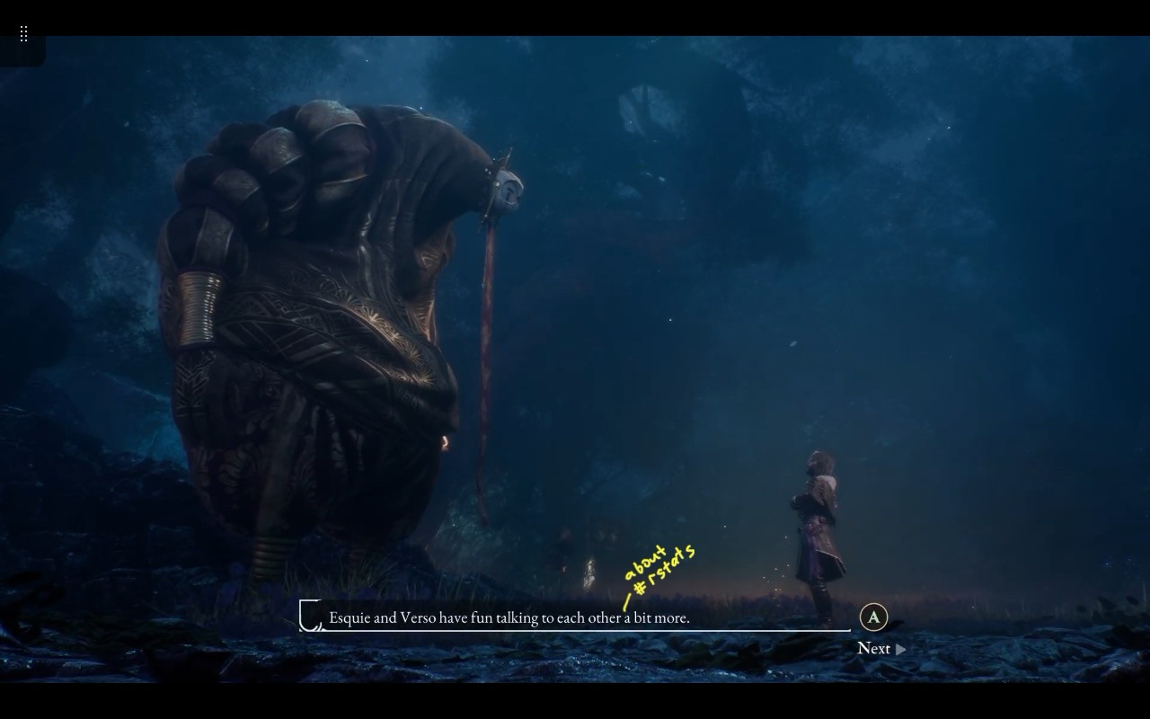 Screenshot of Esqiue and Verso in Expedition 33, talking under the stars about rstats.